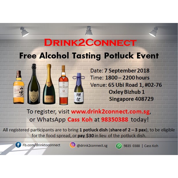 Sept 7, 2018 Friday, Free Alcohol Tasting Event with Pot Luck Food Cum Live Bidding